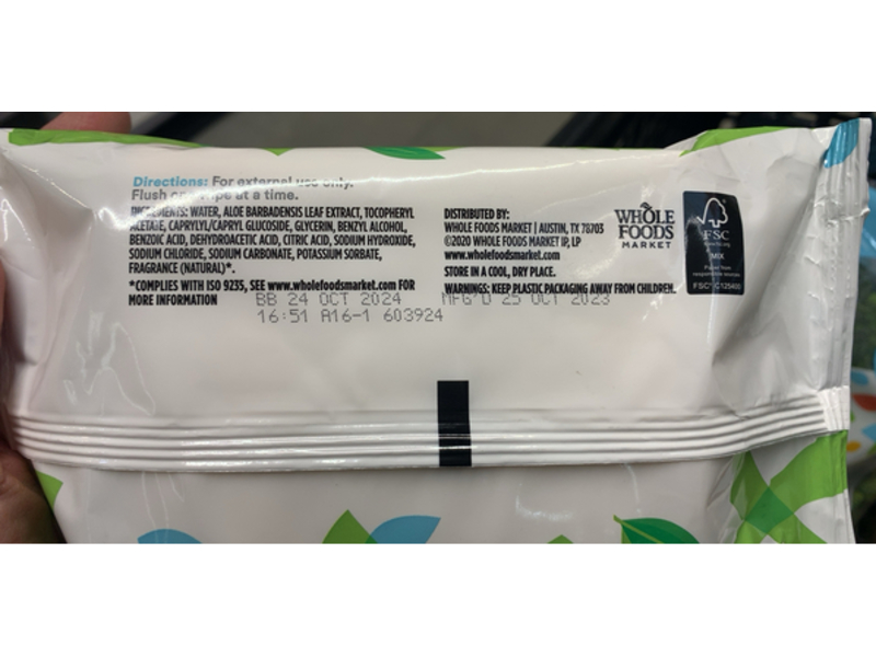 365 Whole Foods Market Plant - Based Flushable Wipes, Aloe & Green Tea, 42 Count, Pack of 3