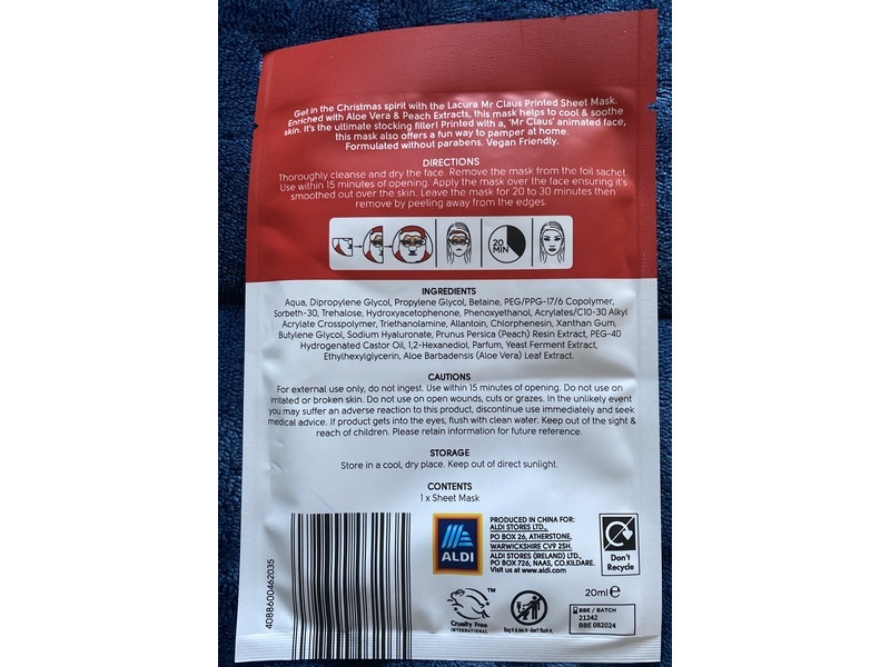 Lacura Mr Claus Hydrating Facial Sheet Mask, Aloe Vera, 0.68 fl oz/20 mL, 1 Count