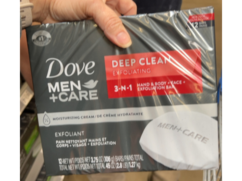 Dove Men+Care Deep Clean Exfoliating 3-N-1 Hand & Body + Face + Exfoliating Bar, 3.75 oz/106 g, Pack Of 12