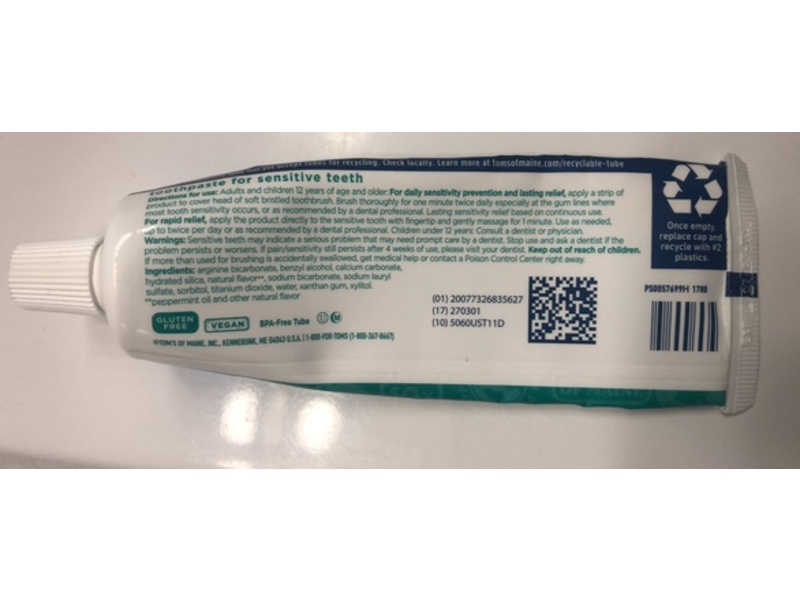 The Original Tom's Of Maine Rapid Relief Sensitive Toothpaste, Fresh Mint, 4 oz/113 g