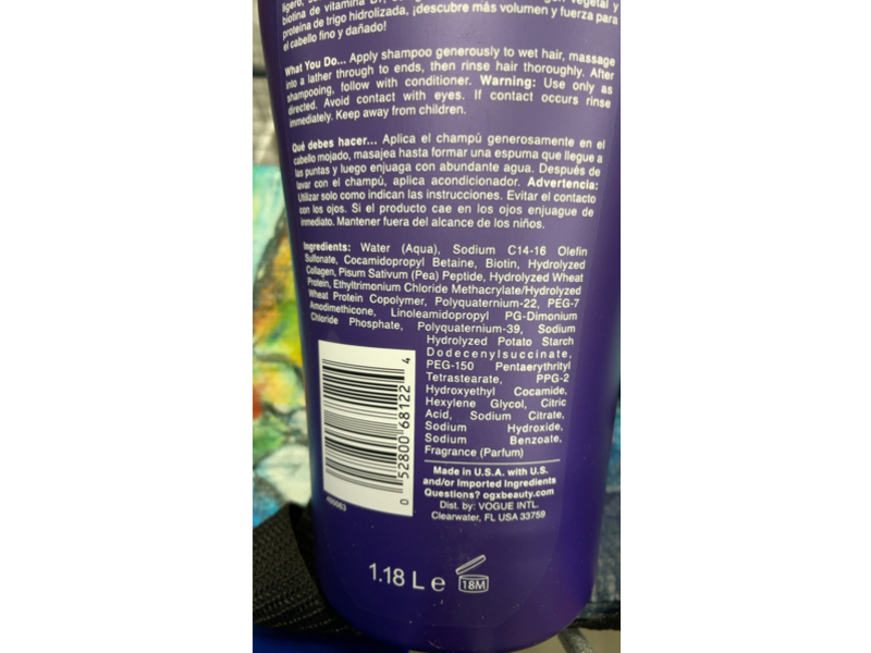 Ogx Volume & Strength Shampoo, Biotin + Collagen + Peptide, 40 fl oz/1.18 L