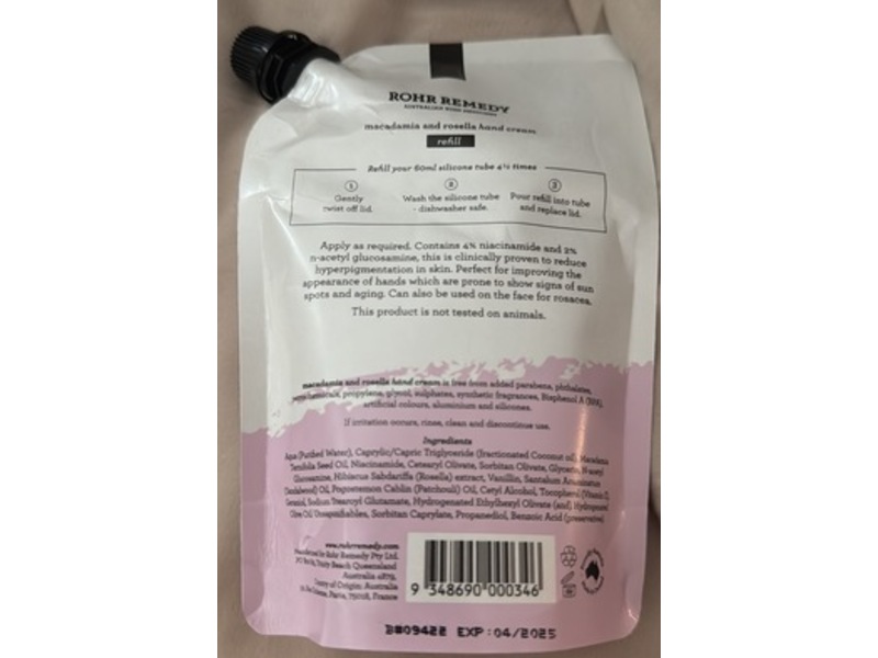 Rohr Remedy Macadamia And Rosella Hand Cream Refill, 8.45 fl oz/250 mL