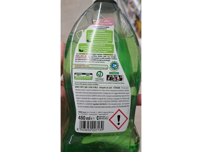 Winni's Concentrated Dishwashing Detergent, Lime & Apple Blossoms, 480 mL, Pack Of 12