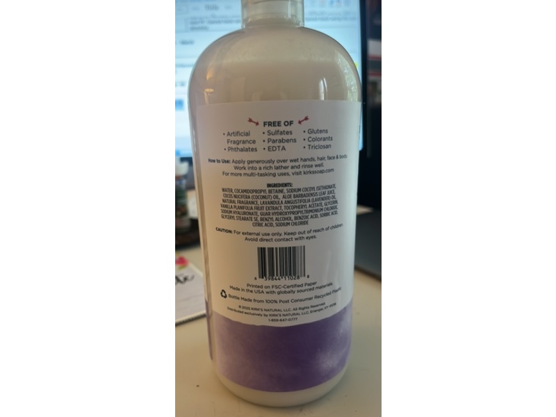 Kirk's 3-in-1 Head to Toe Nourishing Liquid Cleanser, Lavender & Vanilla, 32 fl oz/946 mL
