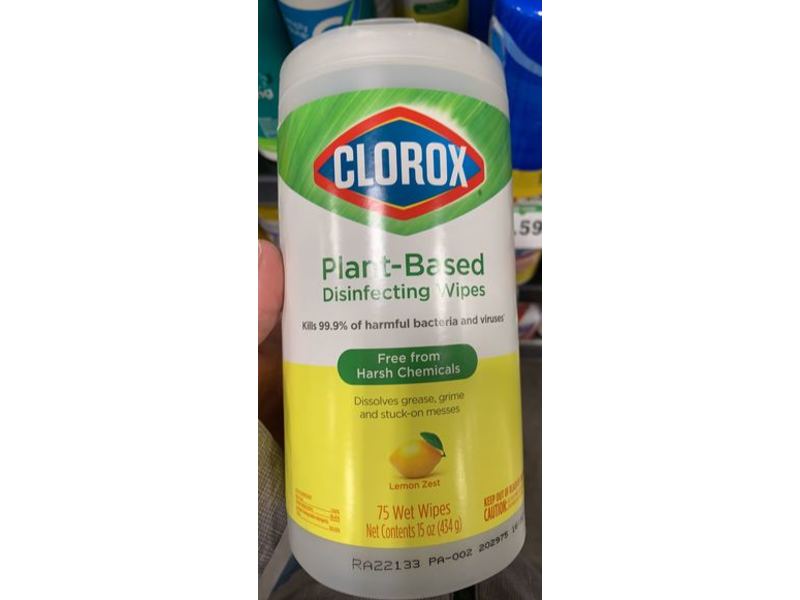 Clorox Plant-Based Disinfecting Wipes, Lemon Zest,75 Wet Wipes,15 oz/434 g, Pack Of 3