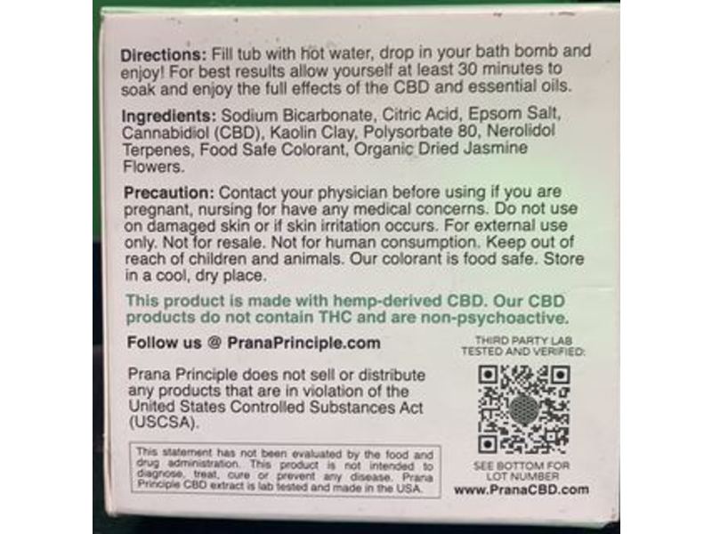 Prana Principle CBD Bath Bomb, Jasmine, 5 oz/141 g