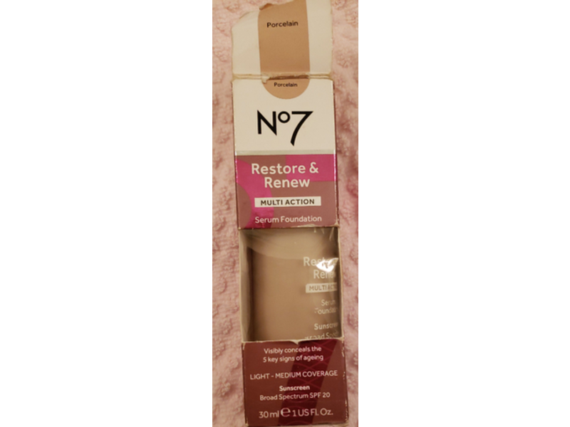 No7 Restore & Renew Multi Action Serum Foundation, Porcelain, SPF 20, 1 fl oz