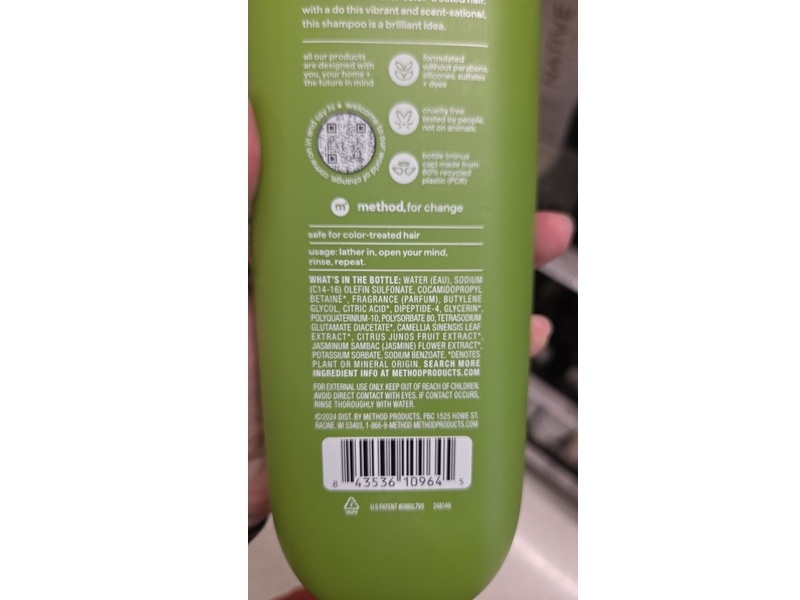 Method Mindful Matcha Vibrant Color Shampoo, Matcha + Yuzu & Peptides, 14 fl oz/414 mL