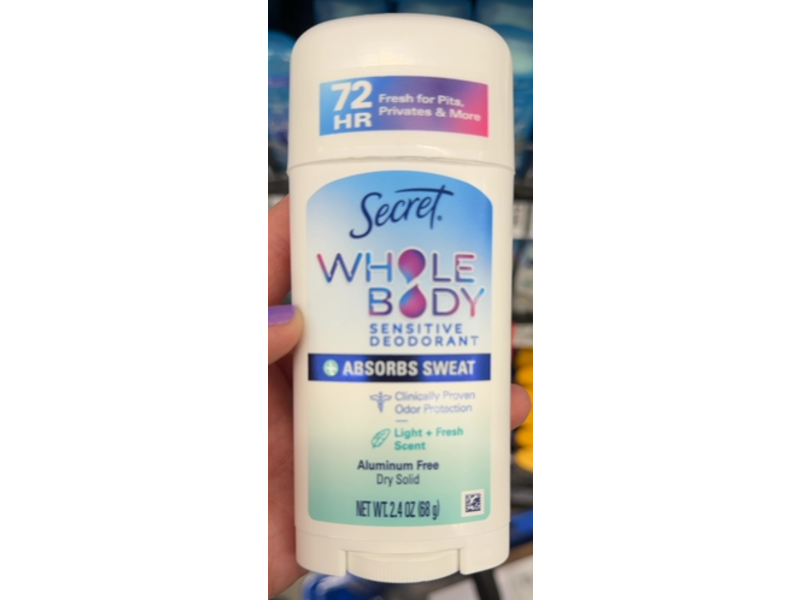 Secret Whole Body Sensitive Deodorant, Light + Fresh Scent, 2.4 oz/68 g
