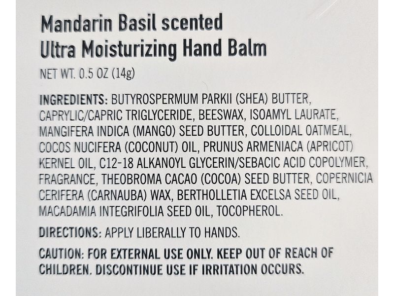 Trader Joe's Ultra Moisturizing Hand Balm, Mandarin Basil Scented, 0.5 oz/14 g
