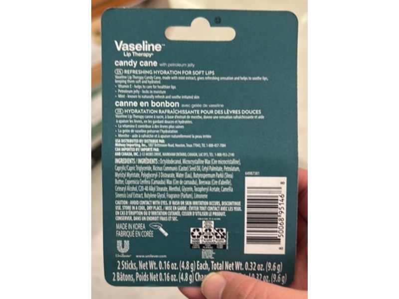 Vaseline Holiday Edition Lip Therapy Stick, Candy Cane, 0.16 oz/4,8 g, 2 Pack