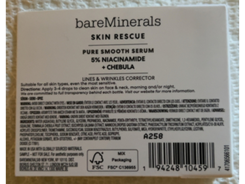 bareMinerals Skin Rescue Pure Smooth Serum, Niacinamide + Chebula, 0.16 fl oz/5 mL
