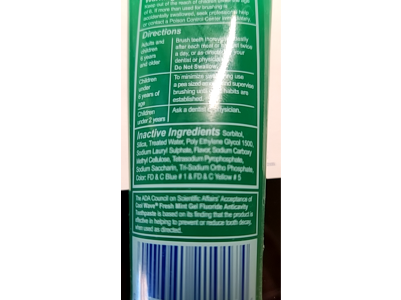 Cool Wave Dual Action Gel Toothpaste, Fresh Mint, 4 oz/113 g