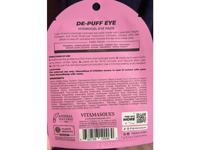 Vitamasques De-Puff Hydrogel Eye Pads, Lavender, 0.24 oz/7 g, 3 Pairs
