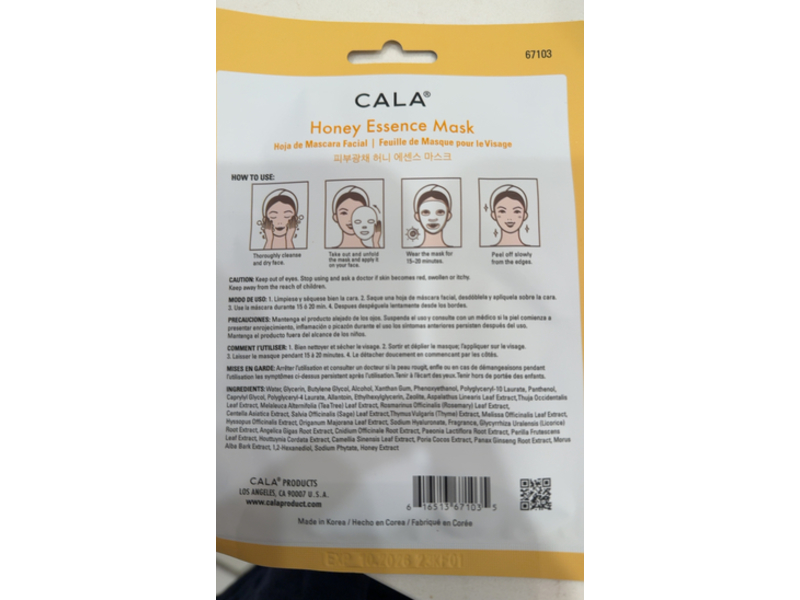 Cala Illuminating & Purifying Essence Mask, Honey, 0.8 fl oz/23 g, Pack Of 5