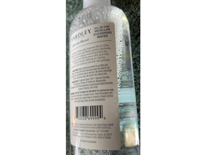 Yardley London All-In-One Micellar Cleansing Water Makeup Remover, 10 fl oz/295 mL