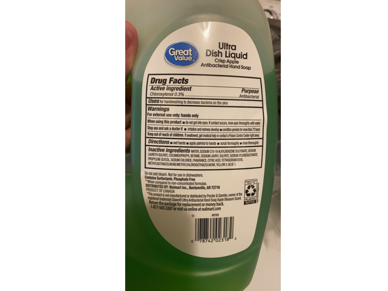 Great Value Ultra Dish Liquid Antibacterial Hand Soap, Crisp Apple, 75 fl oz/2.21 L