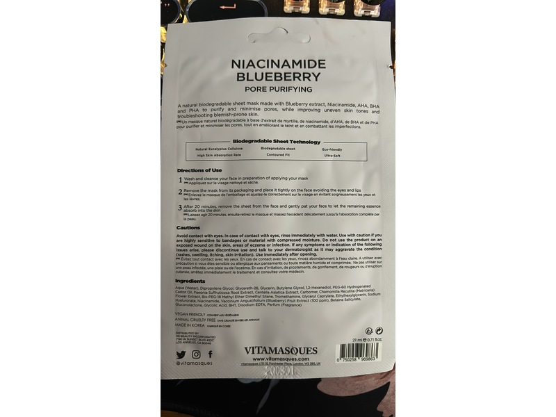 Vitamasques Pore Purifying Sheet Mask, Niacinamide Blueberry, 0.71 fl oz/21 mL, 7 Count