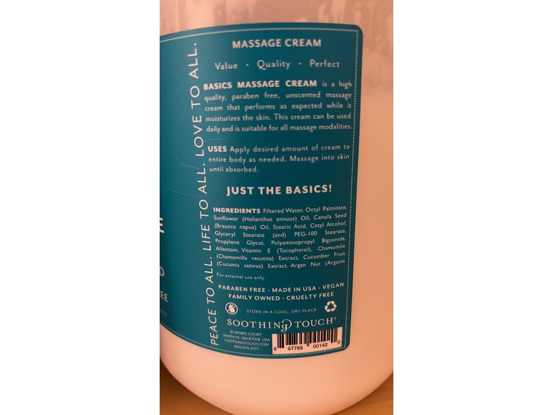 Soothing Touch Basics Massage Cream, Unscented, 128 fl oz/3.7 L