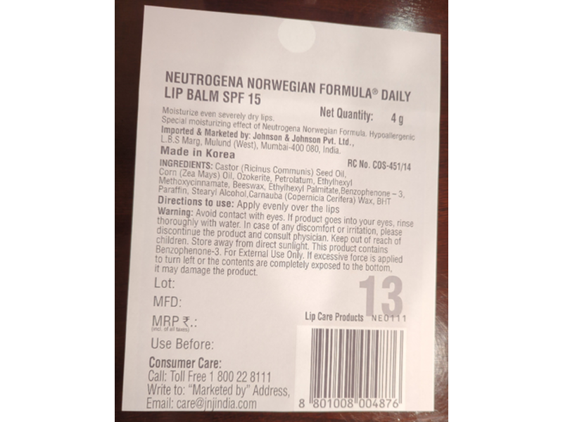 Neutrogena Norwegian Formula Lip Balm, SPF 15, 0.15 oz/4 g