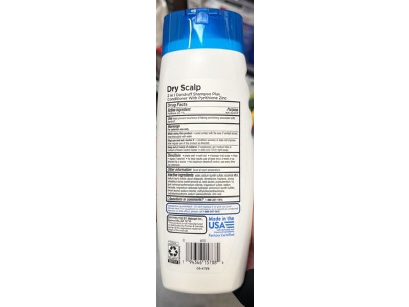Equate Dry Scalp 2 In 1 Dandruff Shampoo & Conditioner, Pyrithione Zinc Almond Oil, 12.5 fl oz/369 mL