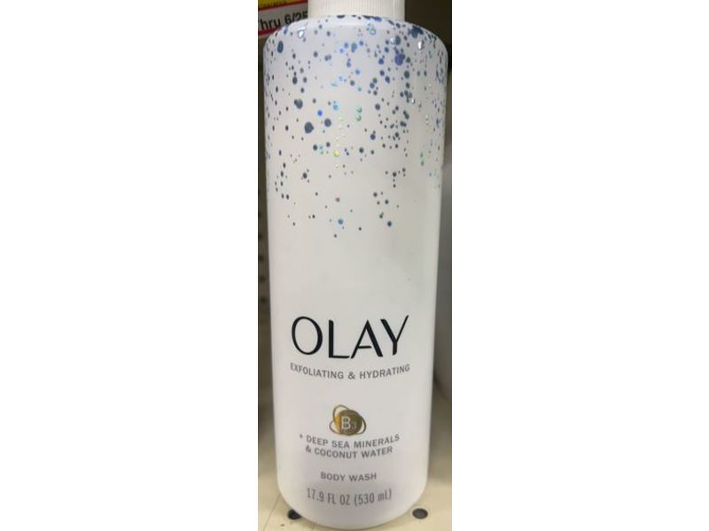 Olay Exfoliating & Hydrating Body Wash, Deep Sea Minerals & Coconut Water, 17.9 fl oz/530 mL, Pack Of 4