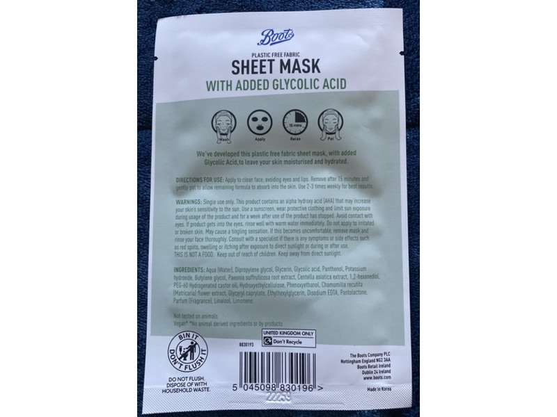 Boots Sheet Mask, Glycolic Acid, 0.56 oz/16 g