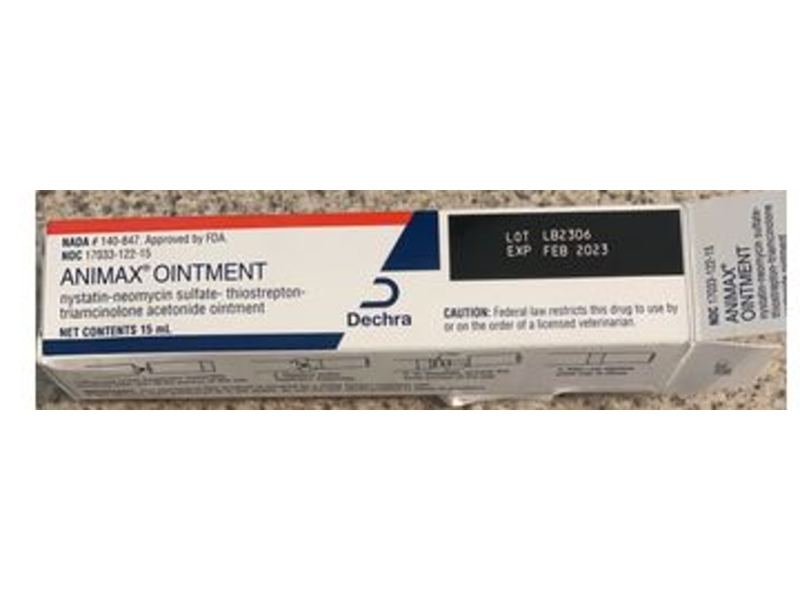 Animax Ointment (nystatin-neomycin sulfate-thiostrepton-triamcinolone acetonide ointment), 15 mL, Dechra (RX)