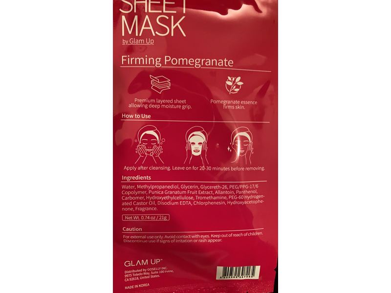 Glam Up Sheet Mask, Firming Pomegranate, 0.74 oz/21 g