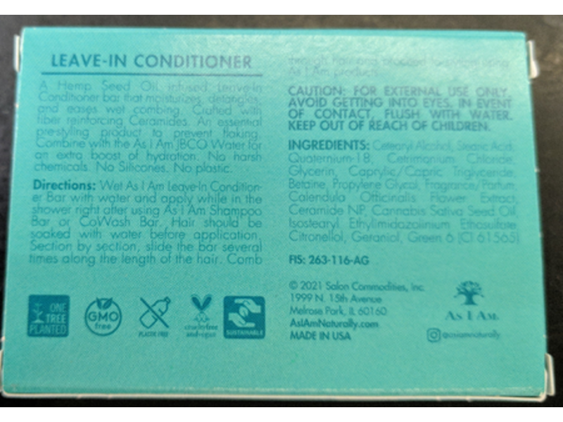 As I Am Leave-In Conditioner Bar, Hemp Seed Oil & Ceramides, 3.15 oz/90 g