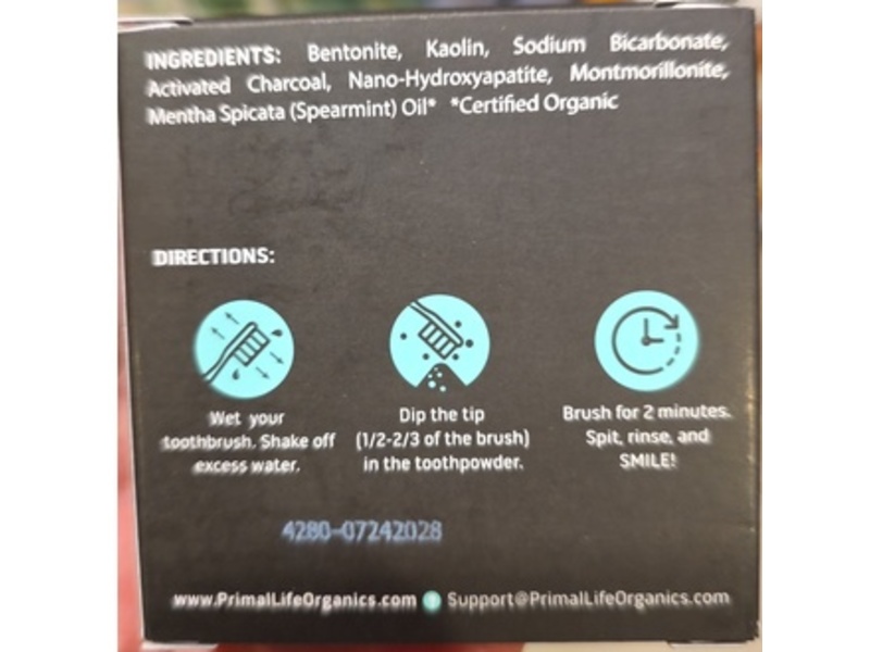 Primal Life Powdered Charcoal Toothpaste, Whitening Spearmint, 1 oz/28 g