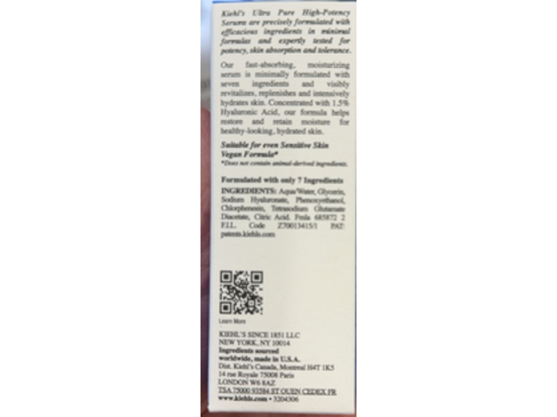 Kiehl's Since 1851 Ultra Pure High-Potency Serum, 1.5% Hyaluronic Acid, 1 fl oz/30 mL
