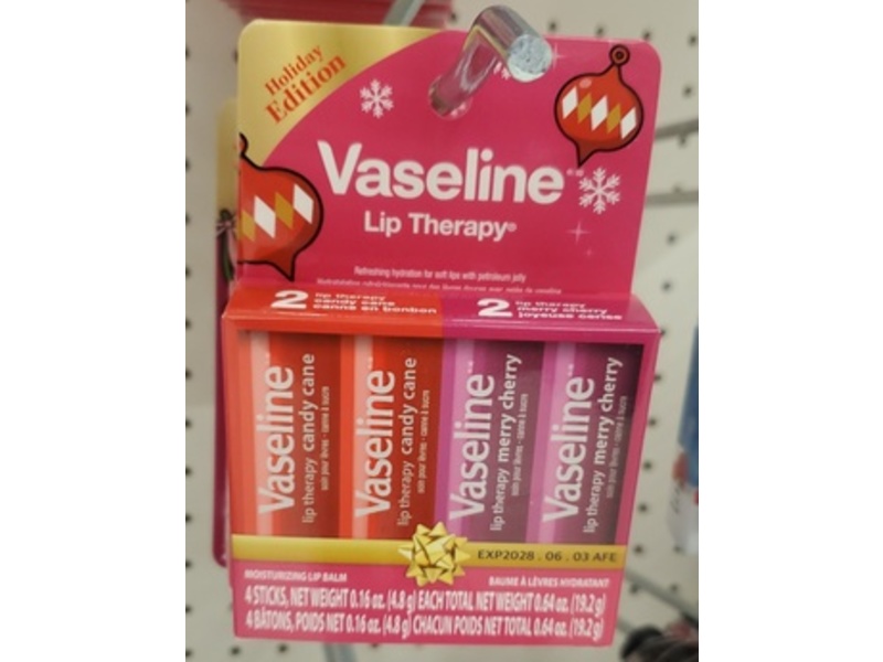 Vaseline Lip Therapy Moisturizing Lip Balm, Candy Cane & Merry Cherry, 0.16 oz/4.8 g, 2 Count