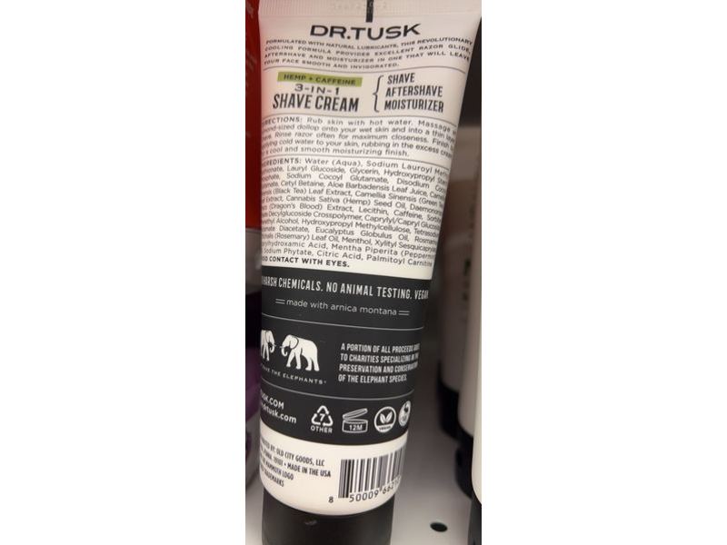Dr. Tusk 3-In-1 Shave Cream, Hemp + Caffeine, Natural Fragrance, 5.9 fl oz/175 mL