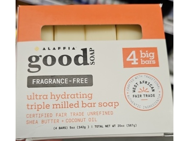 Alaffia Ultra Hydrating Triple Milled Bar Soap, Fragrance-Free, Shea Butter + Cocont Oil, 5 oz/142 g, Pack Of 4