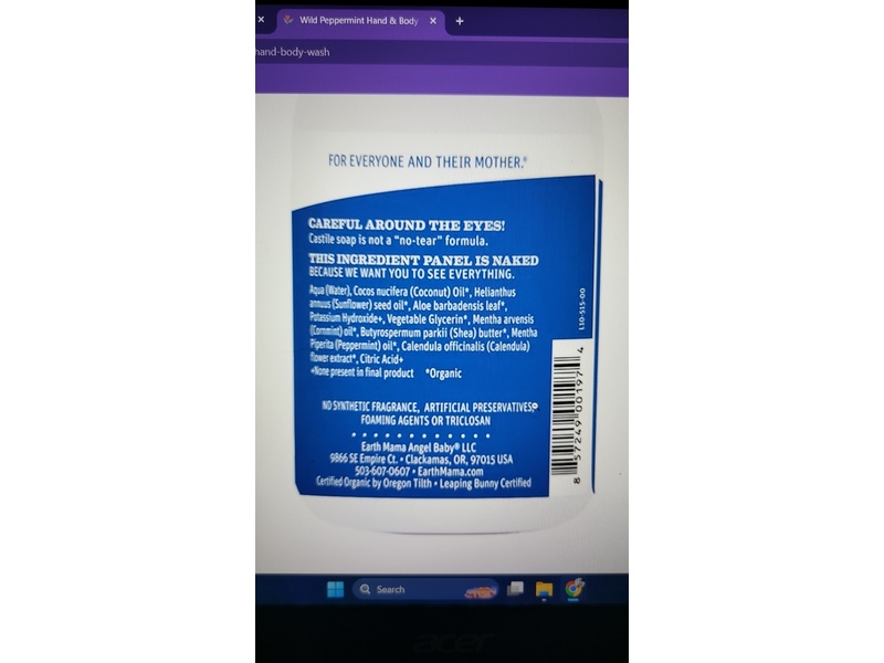 Earth Mama Hand & Body Wash, Wild Peppermint, 34 fl oz/1 L