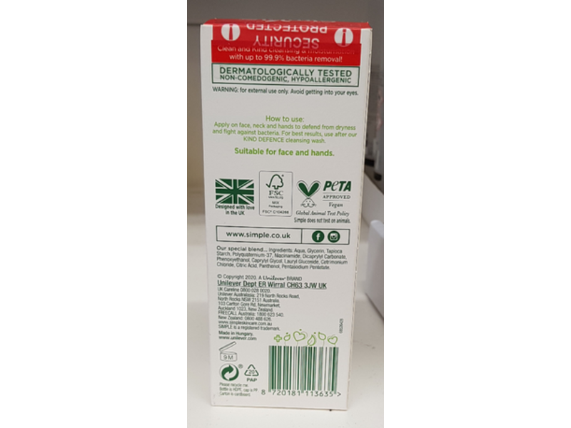 Simple Light Moisturising Protection + Anti-Bac, Kind Defense, 125 mL