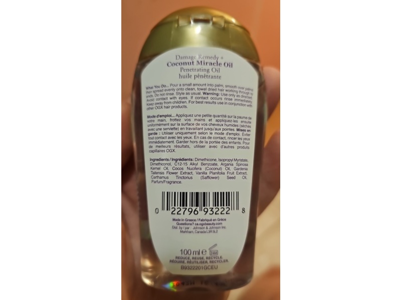 Ogx Damage Remedy + Coconut Miracle Penetrating Oil, 3.3 fl oz/100 mL
