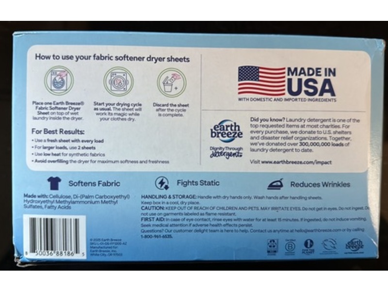 Earth Breeze Fabric Softener Dryer Sheets, 120 Count