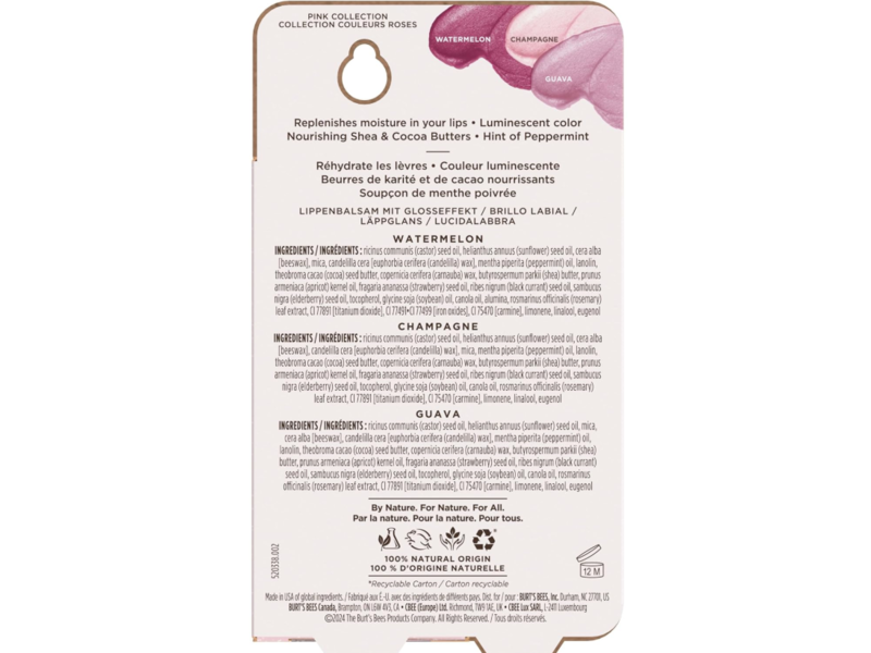 Burt's Bees Lip Shimmer Pink Collection, Watermelon, Champagne, Guava, 0.09 oz/2.55 g
