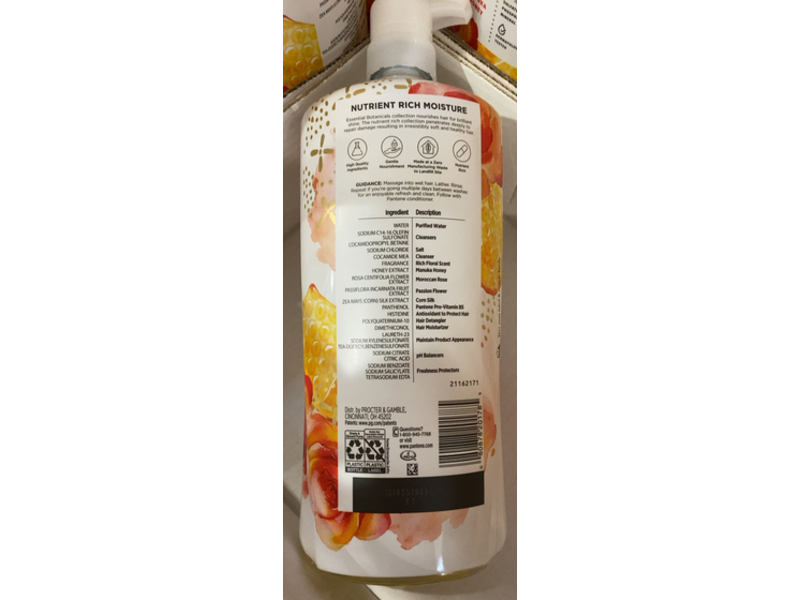Pantene Essential Botanicals Moisturizing Shampoo, Moroccan Rose & Manuka Honey, 38.2 fl oz/1.13 L