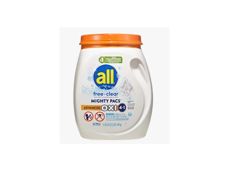 All 4 In 1 Free Clear Mighty Pacs Detergent Pacs, Advanced OXI, 37.5 oz/1.06 g, 56 Count