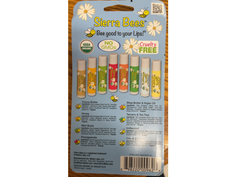 Sierra Bees Organic Lip Balm, 0.15 oz/4.25 g, 8 Count, Pack Of 2