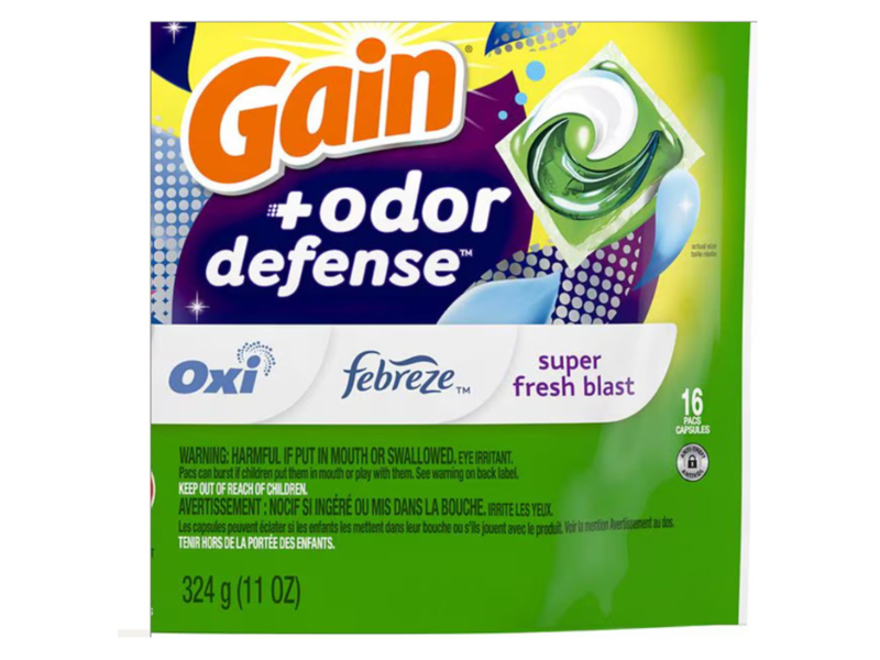 Gain + Odor Defense 3 In 1 Laundry Detergent Pacs, Super Fresh Blast, 11 oz/324 g, 16 Pacs