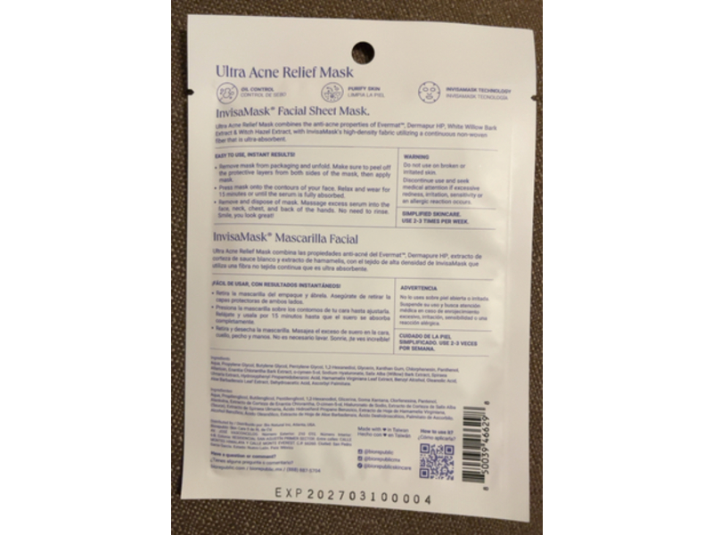 BioRepublic Skin Care Ultra Acne Relief Face Sheet Mask, 1.05 fl oz/31 mL