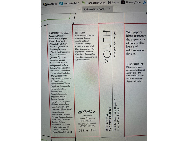Shaklee Youth Restoring Eye Treatment, 0.5 fl oz/15 mL