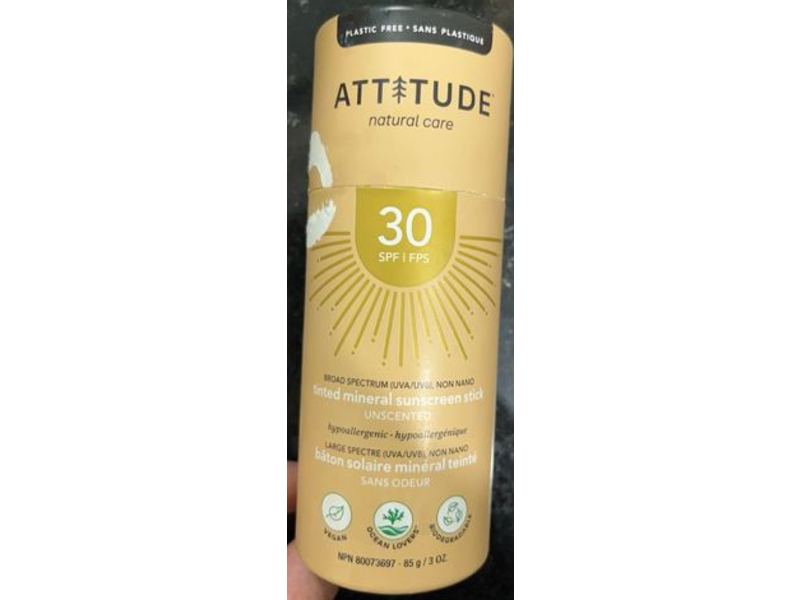 Attitude Tinted Mineral Sunscreen Stick, Unscented, SPF 30, 3 oz/85 g