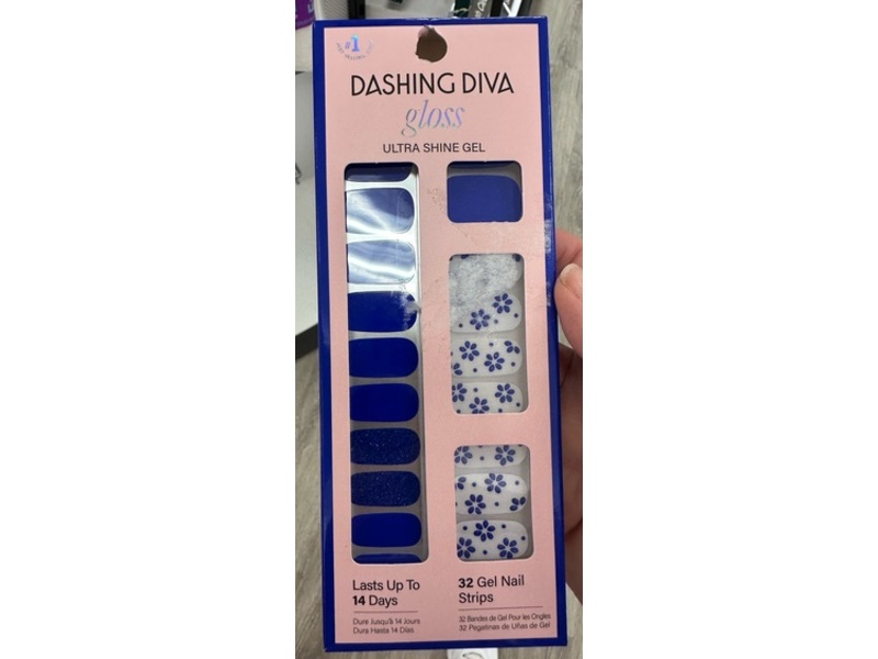 Dashing Diva Gloss Ultra Shine Gel Nail Strips Kit, Flor Azul, 32 Strips