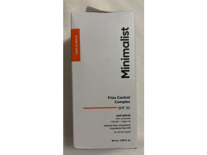 Minimalist Frizz Control Complex Hair Serum, SPF 30, Ceramide + Keratin & Argan Oil, 1.69 fl oz/50 mL