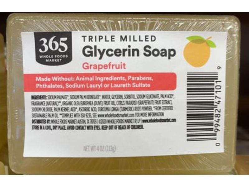 365 Whole Foods Market Triple Milled Glycerin Soap, Grapefruit, 4 oz/113 g